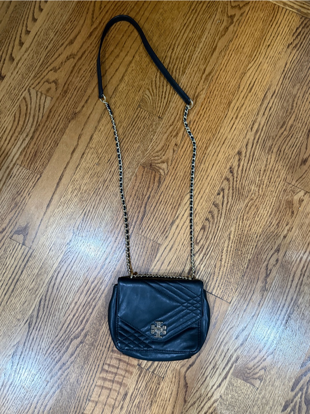 Tory Burch Kira Quilted Mini Crossbody Black Leather Gold Chain